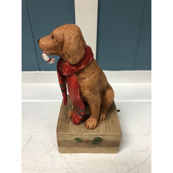Vtg Gordon Fraser 1984 Ceramic Brown Dog w/ Candy Cane Scarf Christmas Musical - Picture 3 of 8